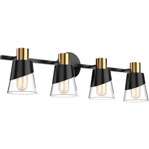 URSOLA Bathroom Light Fixtures, 4 Lights Bathroom Lighting Fixtures Over Mirror, 28.34 inch Black and Gold Design with Bevelled Edge and Clear Glass Shade Wall Lamp