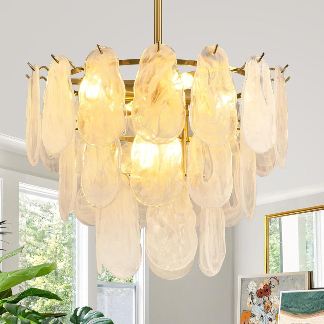 Modern Gold Cloud Glass Chandeliers, 19.68 Inches Creative Crystal Pendant Ceiling Fixture, 3 Tier Luxury Height Adjustable Chandelier, 6-Light for Bedroom Living Room Dining Room Hallway Foyer (E12)