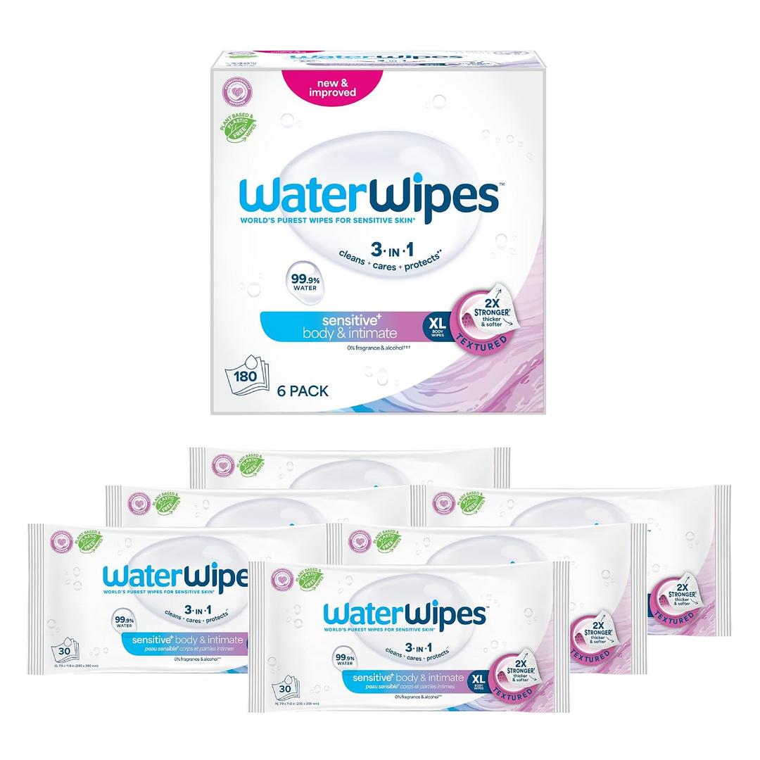 WaterWipes Sensitive Whole Body Cleansing Wipes, 99.9% Purified Water, XL Textured Wipes, Incontinence Care, Fragrance Free, 180 Count