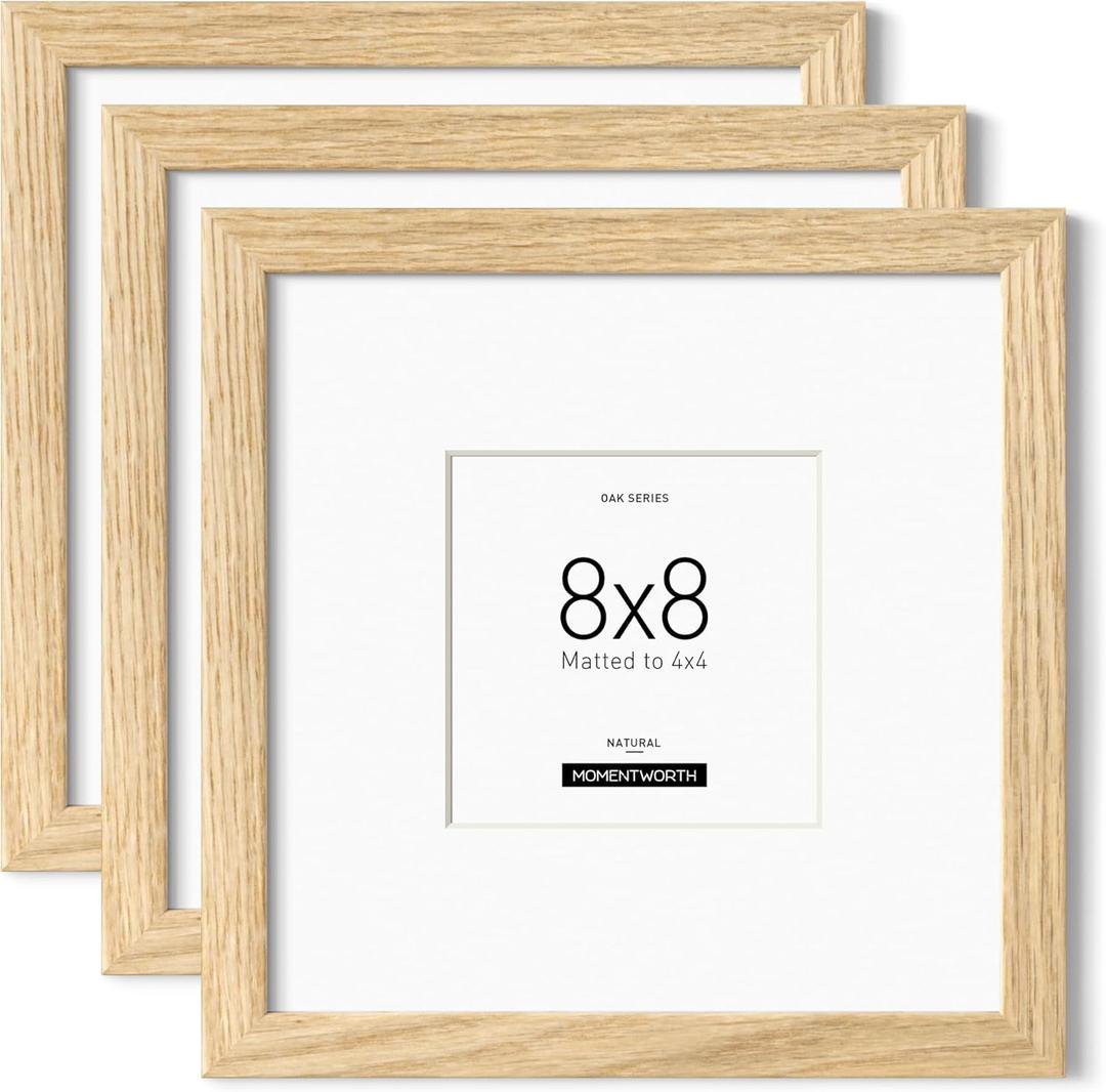 8x8 Picture Frames with Mat for 4x4 set of 3, Solid Oak Wood Frame with Tempered Glass for Wall Mount(3 Pack,Oak)