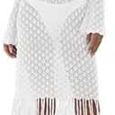 Fisoew Women's Swimsuit Crochet Cover Ups Summer Long Sleeve Tie Back Fringe Hem Beach Vacation Coverup Maxi Dress Size Large