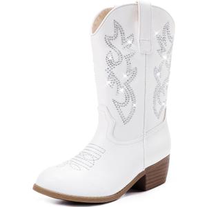 Cowboy Boots for Girls Pointed Toe Kids Cowgirl Boots Mid Calf Western Youth Cowgirl Boots Horse Riding Party for Toddler Little Big Kids (White Rhinestone)