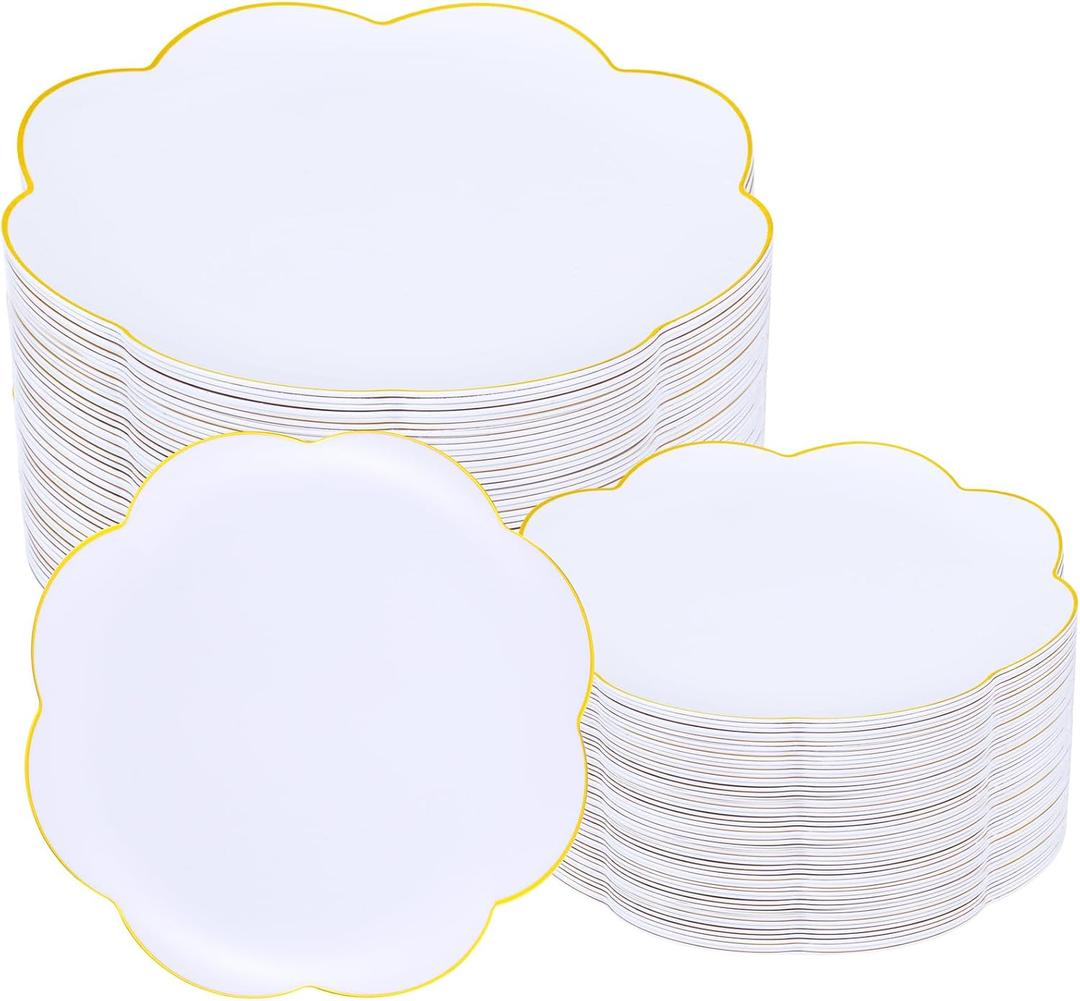 LIYH 100 Pcs White Plastic Plates with Gold Rim - Scalloped Plastic Disposable Plates Includes Dessert & Dinner Plate Heavy Duty Tableware Dishes for Birthday Party 50 Guests