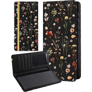 Slohif Checkbook Cover for Personal Duplicate Checks - Women Check Book Wallet Holder Black Flowers Top Side Tear