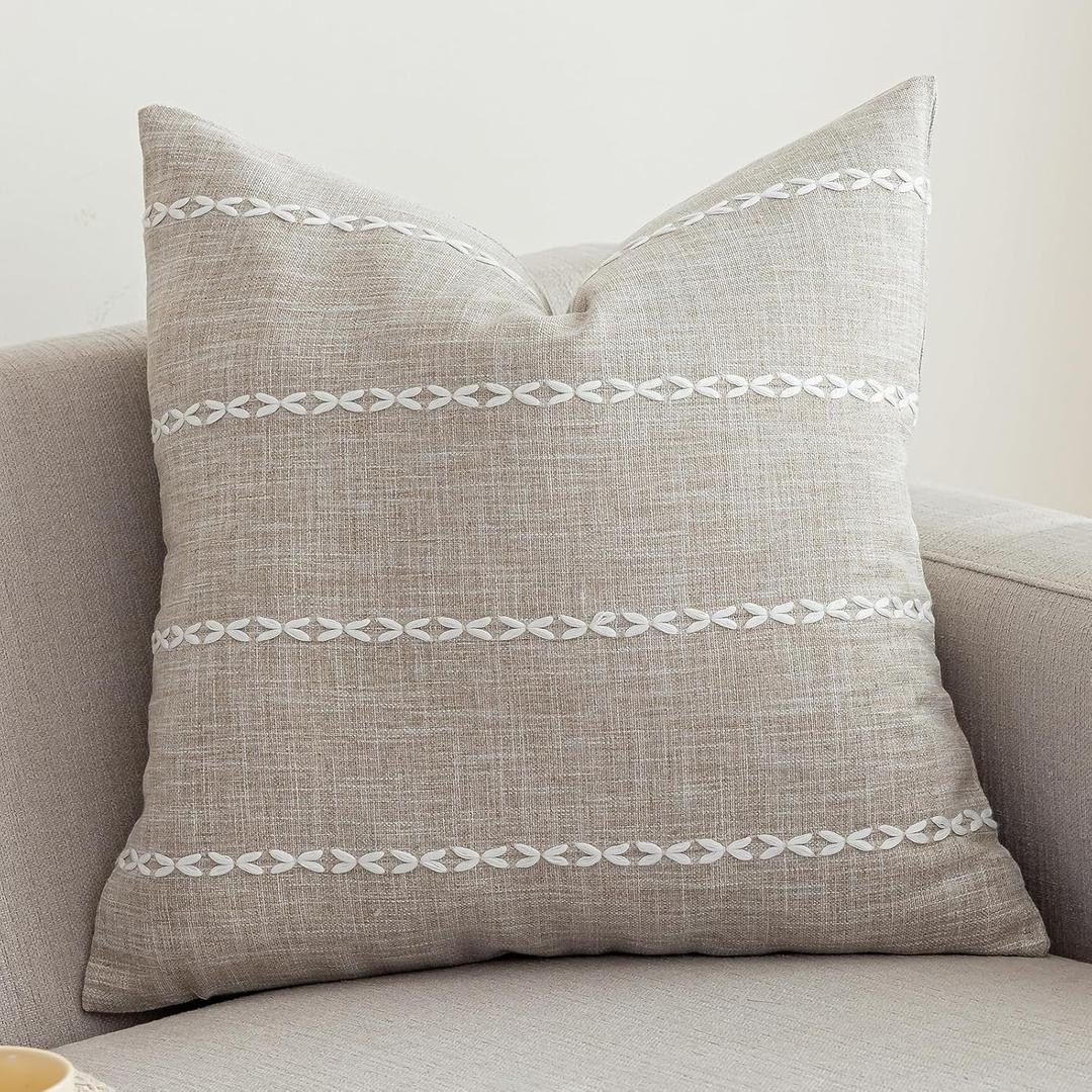 vctops Rustic Striped Cotton Linen Decorative Throw Pillow Cover Embroidery Square Cushion Cover Pillowcase for Sofa Bedroom Couch (Stripe Coffee, 20"x20")