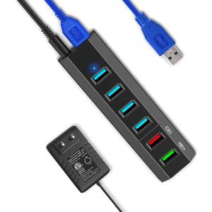 USB Hub, Aiibe 6 Ports Super High Speed USB 3.0 Hub Splitter + 24W Power Adapter + USB 3.0 Cable, Black Smart Fast Charger Powered USB Hub for Laptop, Mac, PC, Mobile HDD, Mulitple Devices