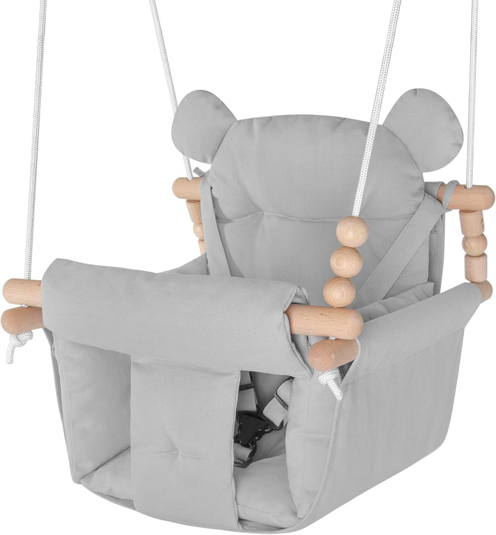 Baby Swing Indoor Outdoor,Secure Canvas Wooden Toddler Swing Seat, 3-Point Adjustable Safety Harness,Mounting Hardware Included,Gift for Boys and Girls, Grey (Gray)