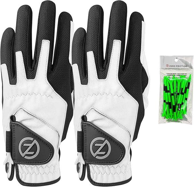 Zero Friction Men's Compression-Fit Synthetic Golf Glove, Universal Fit One Size (Pack of 2) with Pack of Golf Tees, (Black,White)