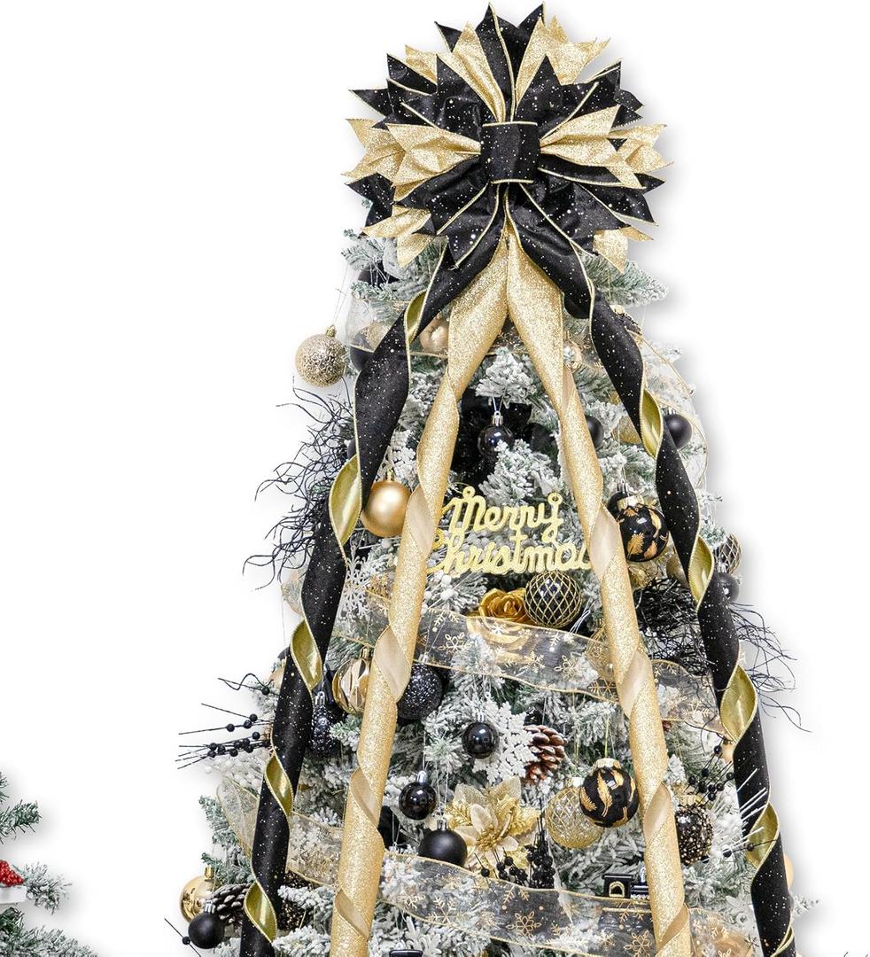 Hismir Christmas Tree Topper Bow, 53x13 Inches Large Christmas Bow with Glitter Streamer, Decorative Ribbon Bows for Xmas Tree Wreath Door Festival Home Decor(Black & Gold)