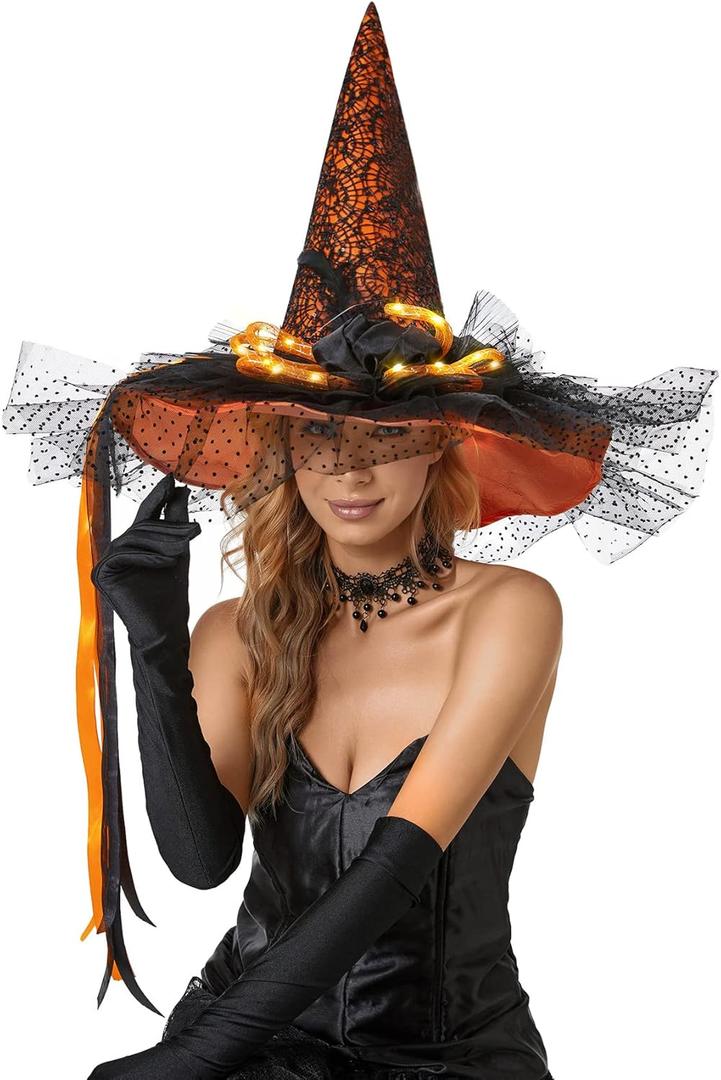 Halloween Women Witch Hat with LED Lights Costume Gauze Feathers Spiders Decoration for Festival Carnival Party (Orange)
