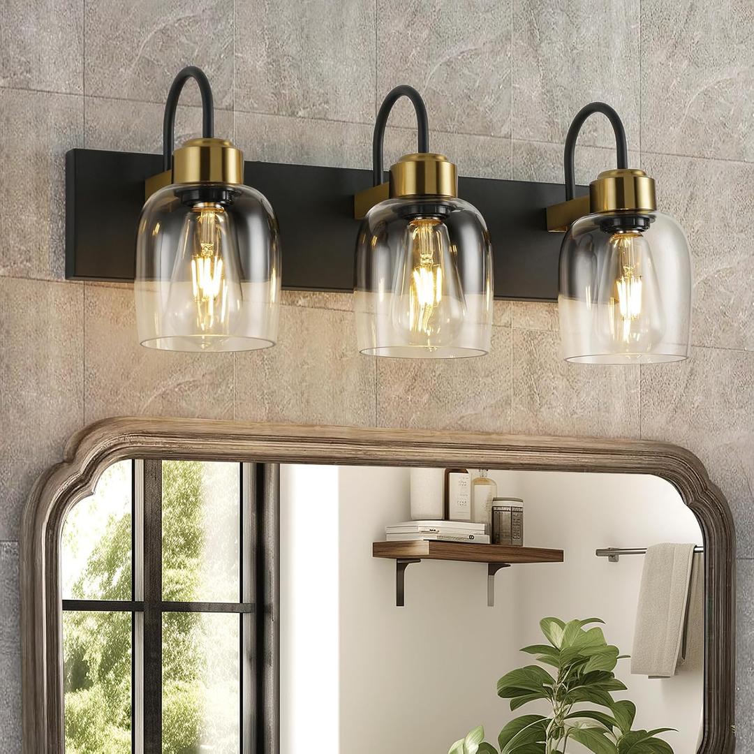 Black and Gold Glass Bathroom Vanity Light, 3-Lights Farmhouse Bathroom Vanity Lighting Fixtures Over Mirror, Vintage Rusitc Vanity Light Fixutres with Clear Glass Shade, 22 inch Wall Wall Sconces