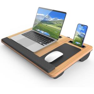 HETTHI Laptop Lap Desk, Portable Large Laptop Desk for Bed, Up to 17 in Lap Table with Wrist Rest, Mouse Pad, Tablet Phone Slot, Portable Handle, Cushion (Light Brown)