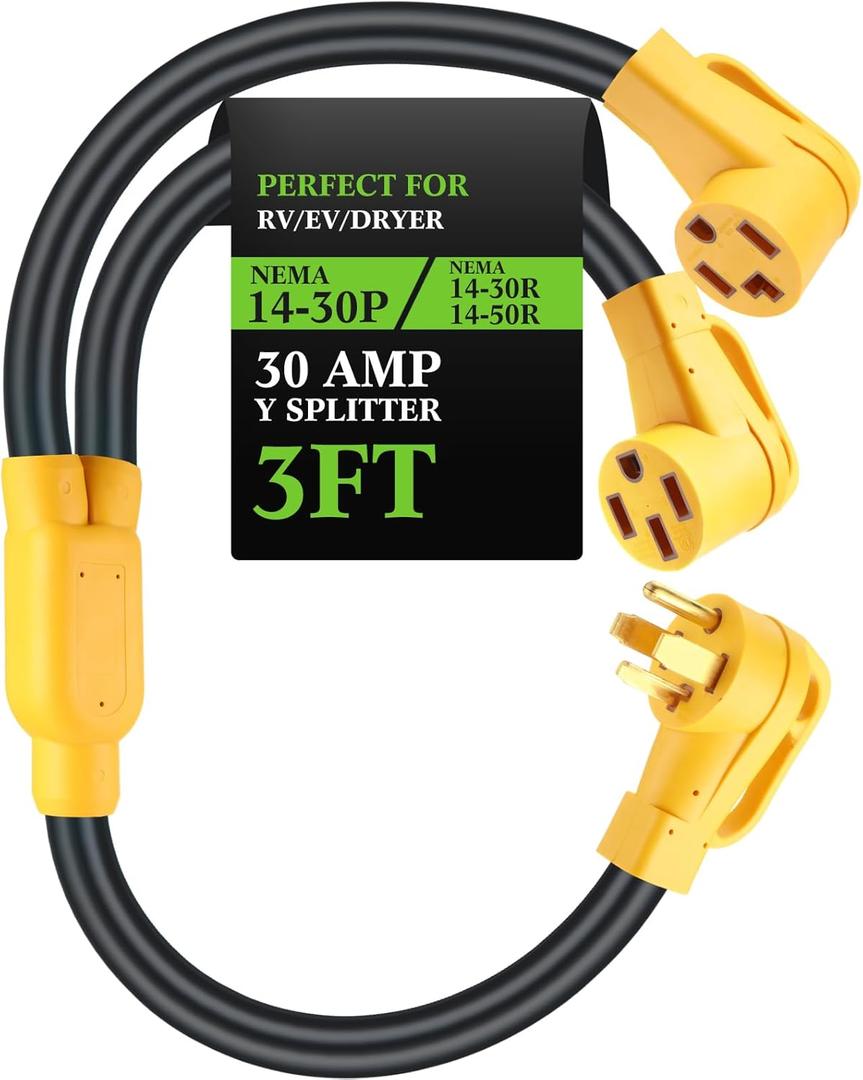 Kanayu 30 Amp Dryer Y Splitter to RV/EV NEma 14-30P to 14-50R/14-30R Adapter 4 Prong 30 to 50 Amp Y Adapter Cable for EV RV Charging at Dryer Outlet, 250 Volt, 10 AWG 4 Conductors, 3 ft(Yellow)