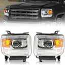 HECASA Pair Projector Headlight Lamp Assembly Compatible with 2014-2019 GMC Sierra 1500 2500HD 3500HD Base/Denali/SLE/SLT w/o Factory LED DRL Headlamp (Clear Lens & Chrome Housing & Amber Reflector)