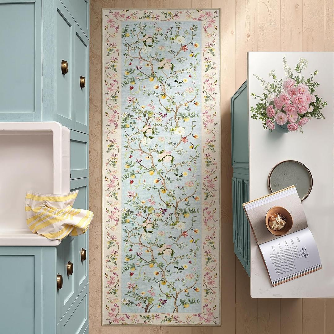 jinchan Floraison Hallway Runner 2x6 Multi Floral Soft Machine Washable Rug Non Slip Low Pile Boho Stain Resistant Botanical Rugs for Bedroom Kitchen Floor Living Room Blue/Pink