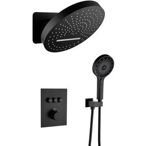 Luxury Rainfall Shower System Thermostatic Shower Faucet Set Complete with Rough-in Valve Trim Kit Push Button Diverter Shower Fixtures Matte Black