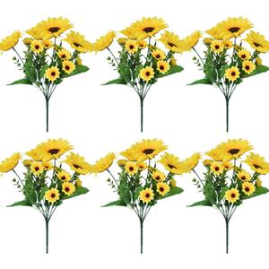 6 Pack Artificial Sunflowers with Stems for Indoor Outdoor 12 inch Fake Silk Sunflower with 13 Sunflower Heads and 27 Green Leaves Decor Home Wedding Party Office (6Pack)