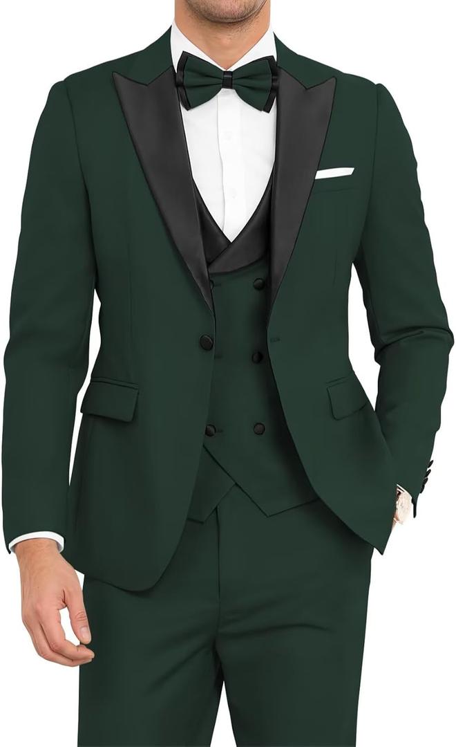 Mens Suit 3 Piece Tuxedo for Men Slim Fit Double Breasted Suit Wedding Prom Party Dinner Tuxedo with Tie (Large, Dark Green)
