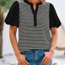 BTFBM Puff Sleeve Tops for Women Dressy Summer Vacation Outfits 2025 V Neck Casual Button Up Shirts Loose Striped Blouse (S)