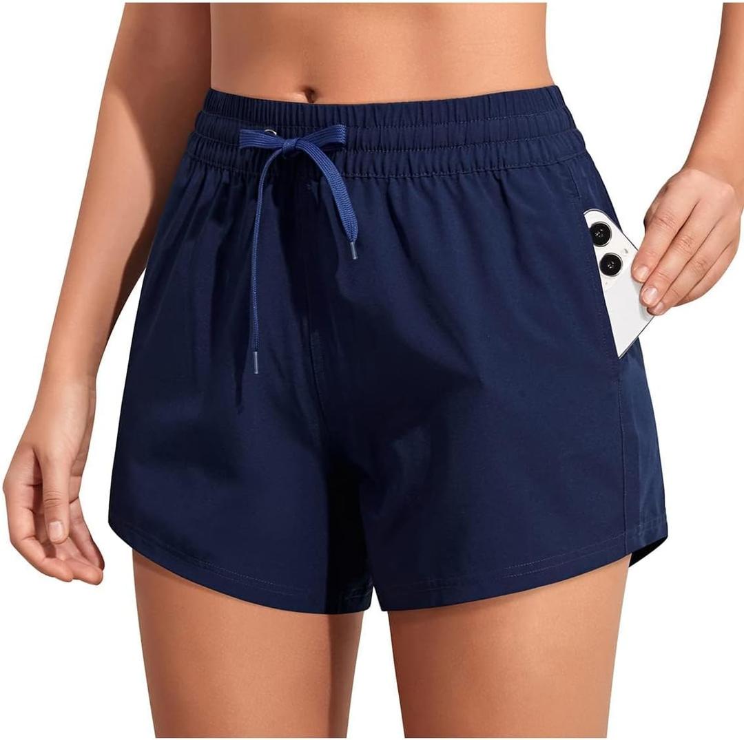 Aqua Eve Women's Board Shorts with Pockets High Waisted Swim Shorts Quick Dry Bathing Suit Shorts with Liner (X-Large, Navy Blue Color)