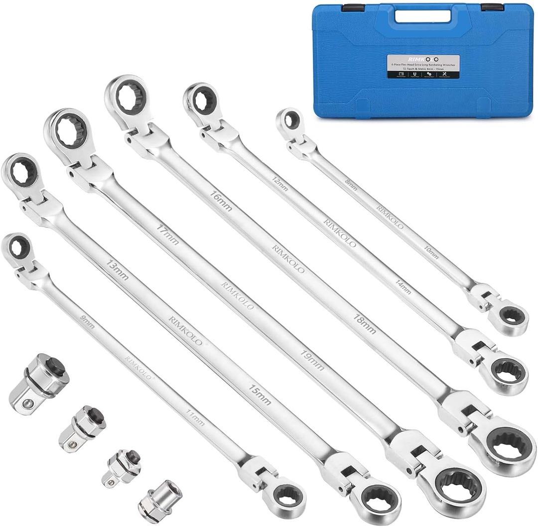 6-Piece Extra Long Flex-Head Ratcheting Wrench Set, 72-Tooth Double Box End Wrench Set, CR-V Steel ratcheting wrenches with Metric 8mm - 19mm