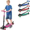 3 Wheel Kids Kick Scooter for Ages 3-12, Lean-to-Steer, Light-Up PU Wheels, 3-Level Adjustable Handlebar 27.5”-33”, Wide Non-Slip Deck, Dual Rear Brake,Travel Foldable,180LBS-Pink