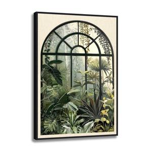 Woxfcart Tropical Plant Decor Wall Art, 24 x 36 Large Window Botanical Leaf Picture Canvas Print, Modern Boho Artwork for Living Room Bedroom Office, Black Frame Ready to Hang