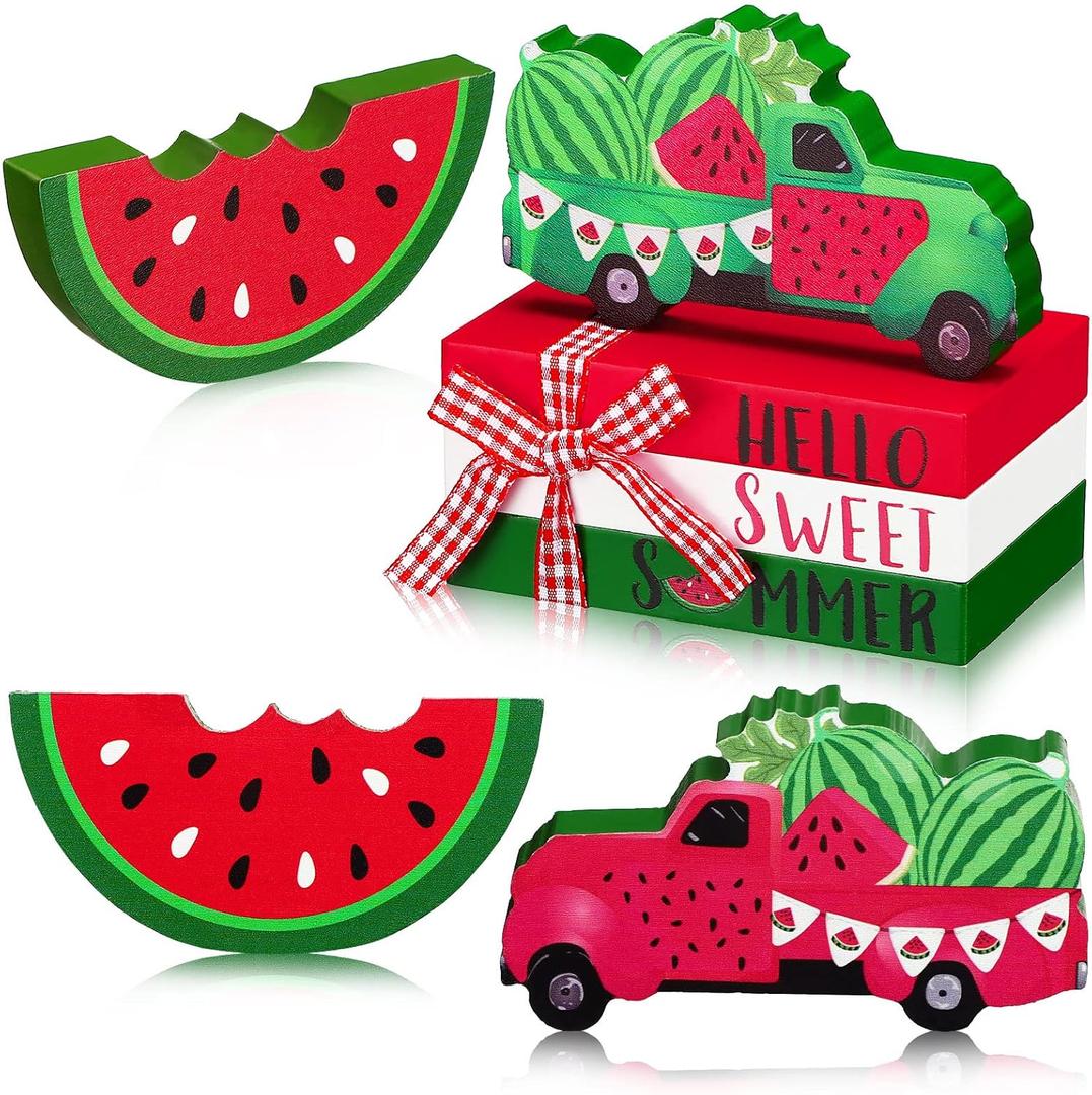 Yalikop 5 Pcs Watermelon Table Decor Summer Tiered Tray Decor Watermelon Tabletop Centerpiece Red Green Wooden Truck Sign Hello Sweet Summer Book Stack with Twine for Home Kitchen Shelf Office Mantel