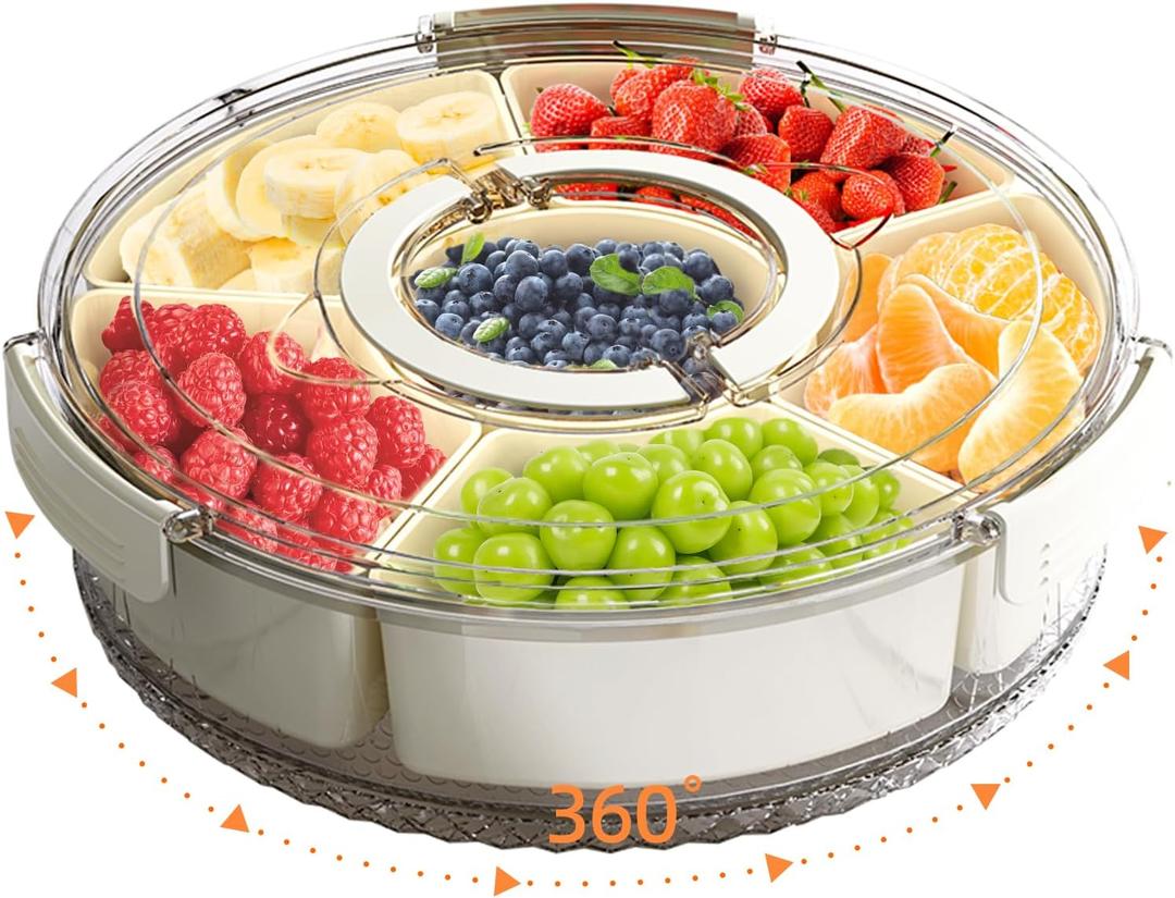 Divided Serving Tray with Lid and Handle, Stackable Snackle Box Container for Fruits Candy Organizer, Portable Spinning Rounded Veggie Tray for Kitchen, Party, Trave and Picnic-1 PACK, 12" L-1pcs