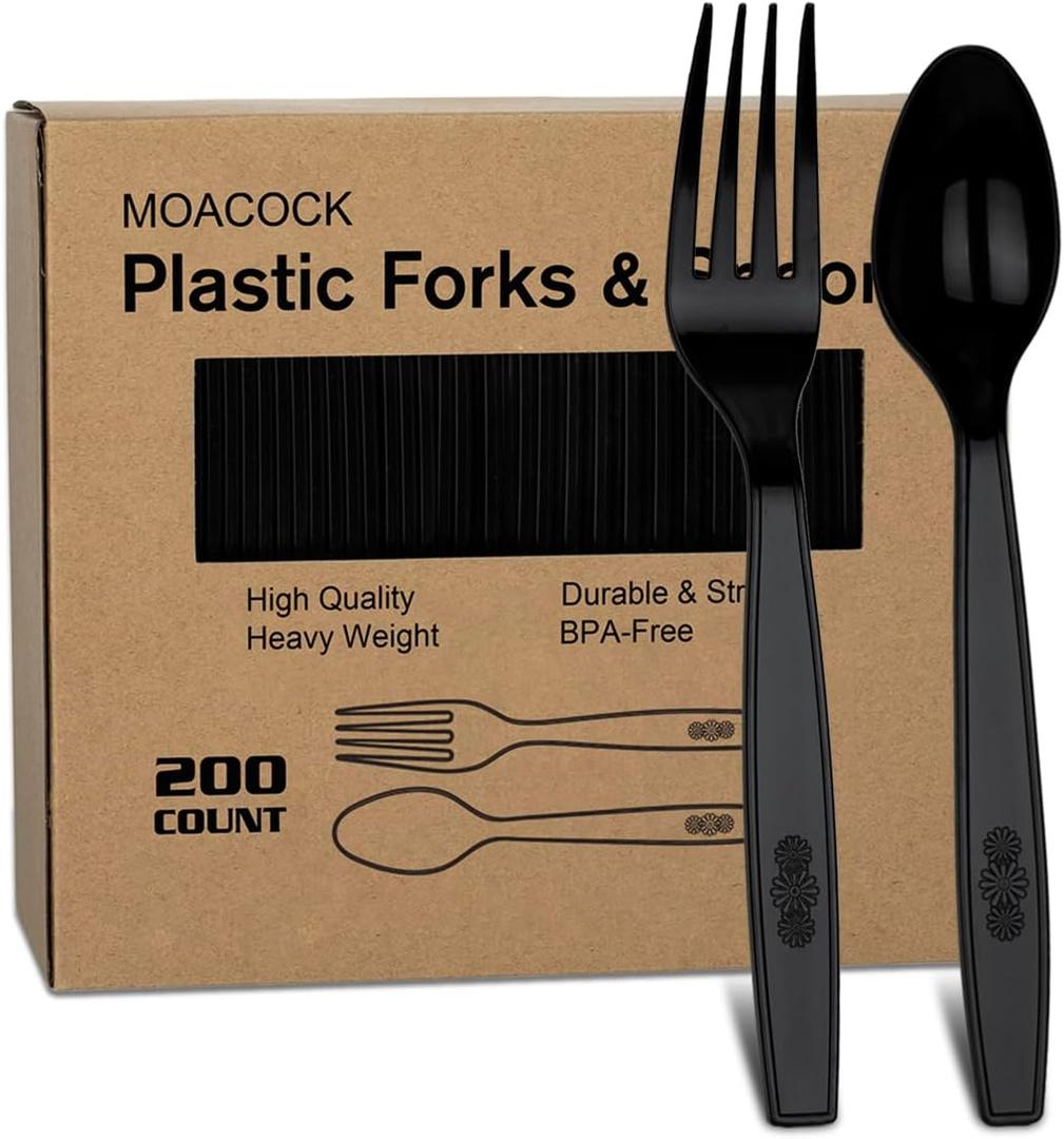 MOACOCK 200 Count Black Plastic Silverware, Heavy Weight Plastic Forks Spoons, Disposable Utensils Cutlery Set for Wedding Party Supplies Everyday Use