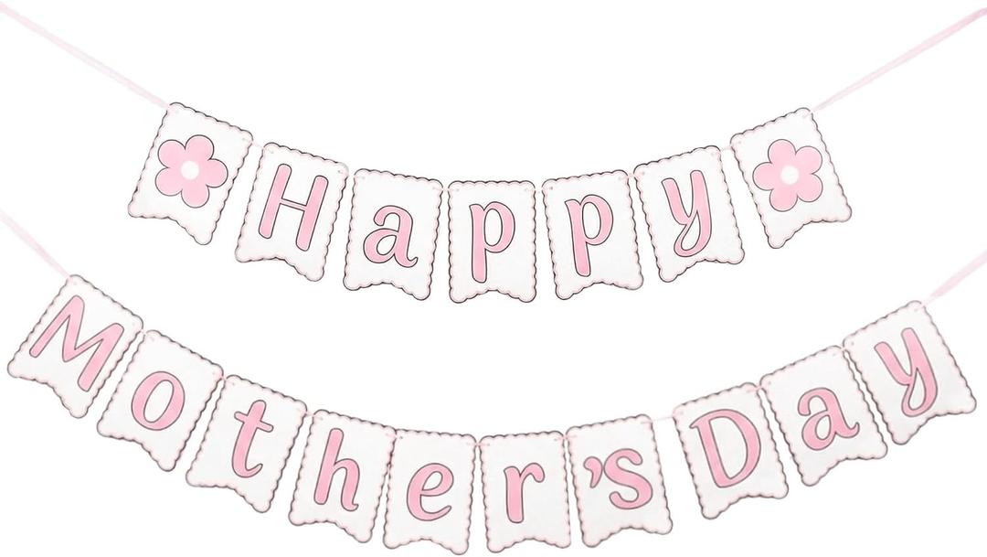 Happy Mothers Day Banner - Pre-assembled Mothers Day Decorations for Party, Mother's Day Best Mom Ever Flower Sign Bunting Garland for Home Fireplace Wall Office Photo Props Pink