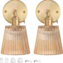 Vintage Battery Operated Wall Sconce with Amber Stripe Glass Lampshade Rechargeable Battery Powered Wall Light with Remote Control for Bedside Bedroom Doorway, Set of 2