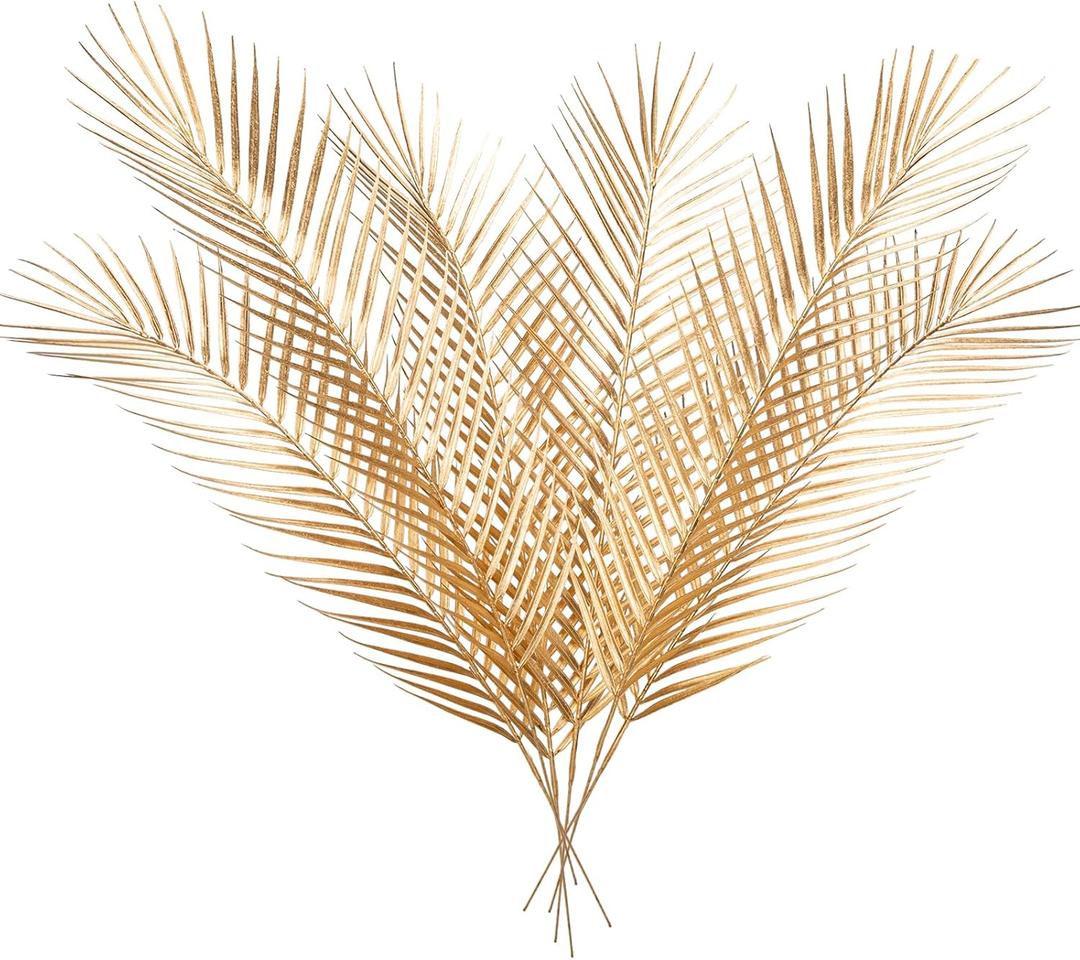 30 Large Gold Palm Leaves Palm Fronds Tropical Leaves Areca Palm Branches Artificial Palm Leaves with Stem Golden Palm Tree Leaves Faux Palm Leaves for Floral Arrangement Fake Gold Leaves 6Pcs