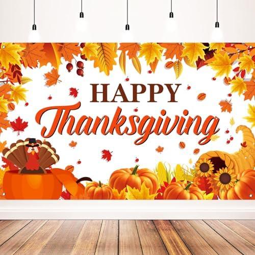 Happy Thanksgiving Backdrop - Fall Maple Leaves, Turkey, Pumpkin Themed Banner for Party Decorations, 71x43 Inches