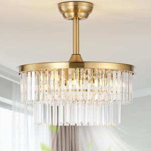 20" Brass Crystal Fandelier Ceiling Fans with Lights, Caged Brass Crystal Chandelier Ceiling Fan with Light Remote Control with 6 Speeds for Bedroom, Nursery, Living Room