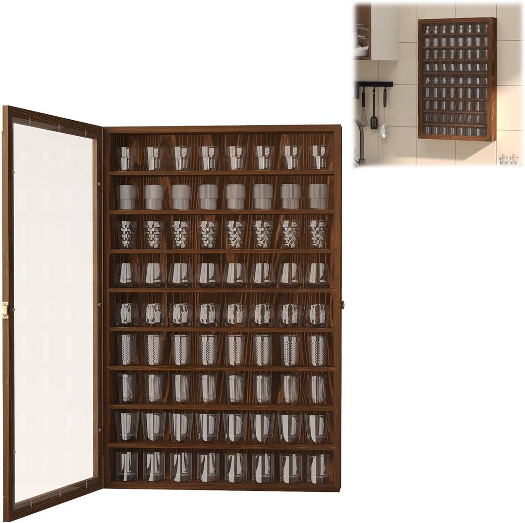 tonchean 72 Slots Large Shot Glass Display Case, Wall Mounted Shot Glass Holder with Acrylic Door, Wooden Glass Display Cabinet with Removable Shelves, 26.85'' x 17.5'' x 3.35'', 26.8in*17.5in*3.4in