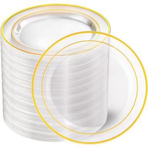 I00000 100PCS Clear Gold Plastic Plates, Clear Dinner Plates with Gold Rim 10 Inch, Fancy Disposable Wedding Premium Plastic Plate for Wedding & Party