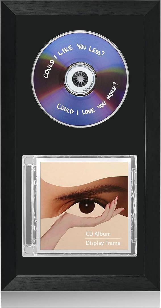 Vertical CD Album Display Frame for Standard Jewel Case and Disc, Wood Frame with Black Flocked EVA Liner, Plexiglass Front, Wall Mount or Tabletop Display, 13.4 x 7.9 in, Black
