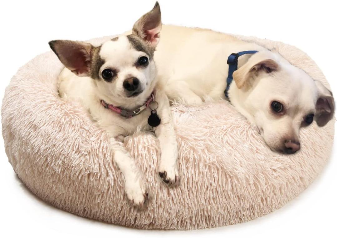nononfish Doggy beds for Medium Dogs Washable Medium Sized Dog Bed Beige 30 inches Round Dog Beds for Medium Dogs and Cats with Faux Fur Fluffy Self Warming