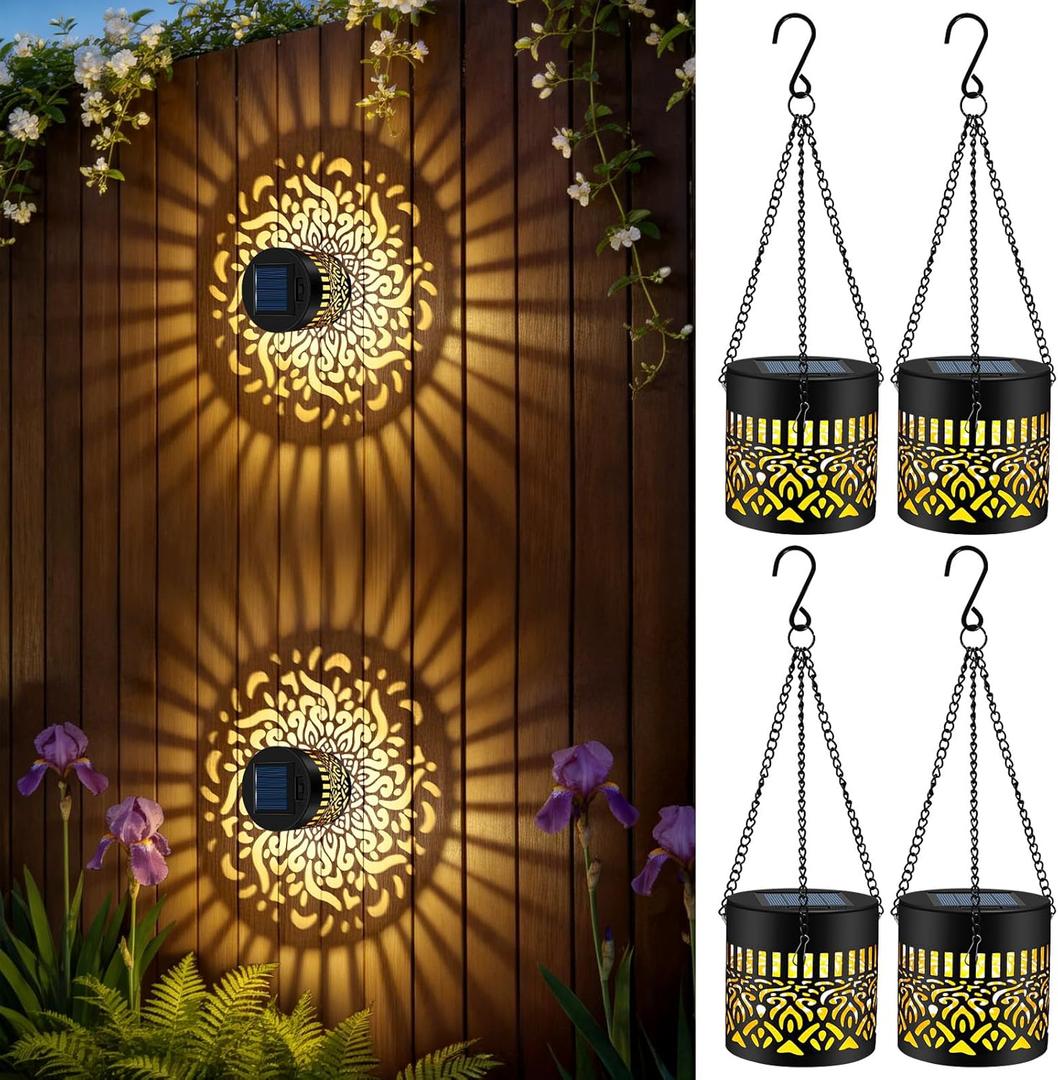 Forlivese 4 Pack Solar Powered Fence Lights, Metal Mandala Solar Lights Outdoor, LED Hanging Solar Mandala Lights Garden Decor for Yard, Porch, Backyard, Patio, Front Door, Warm White