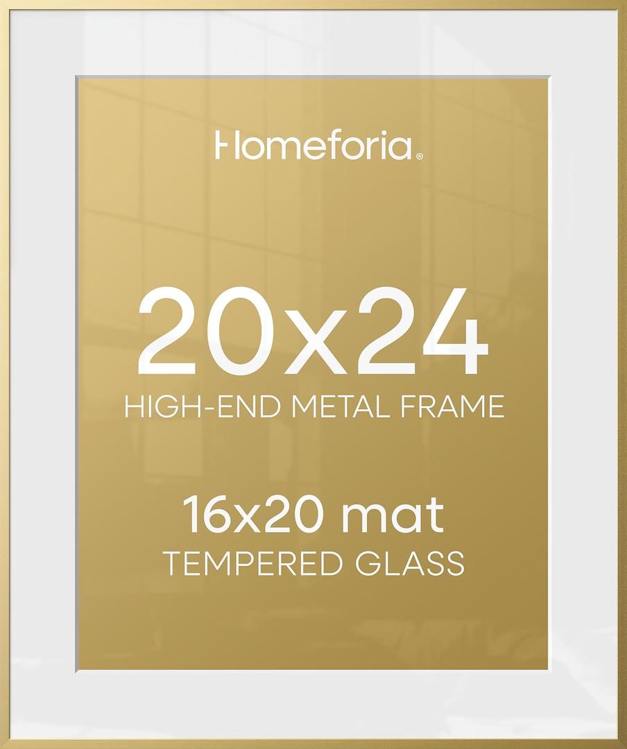Homeforia 20x24 Picture Frame Gold, High End Metal 24x20 Frames for Wall, 20x24 Gold Frame Matted to 16x20 Print, 20 x 24 Poster Large Frame with Mat 16 by 20 Photo, Tempered Glass, Wall Kit, Set of 1