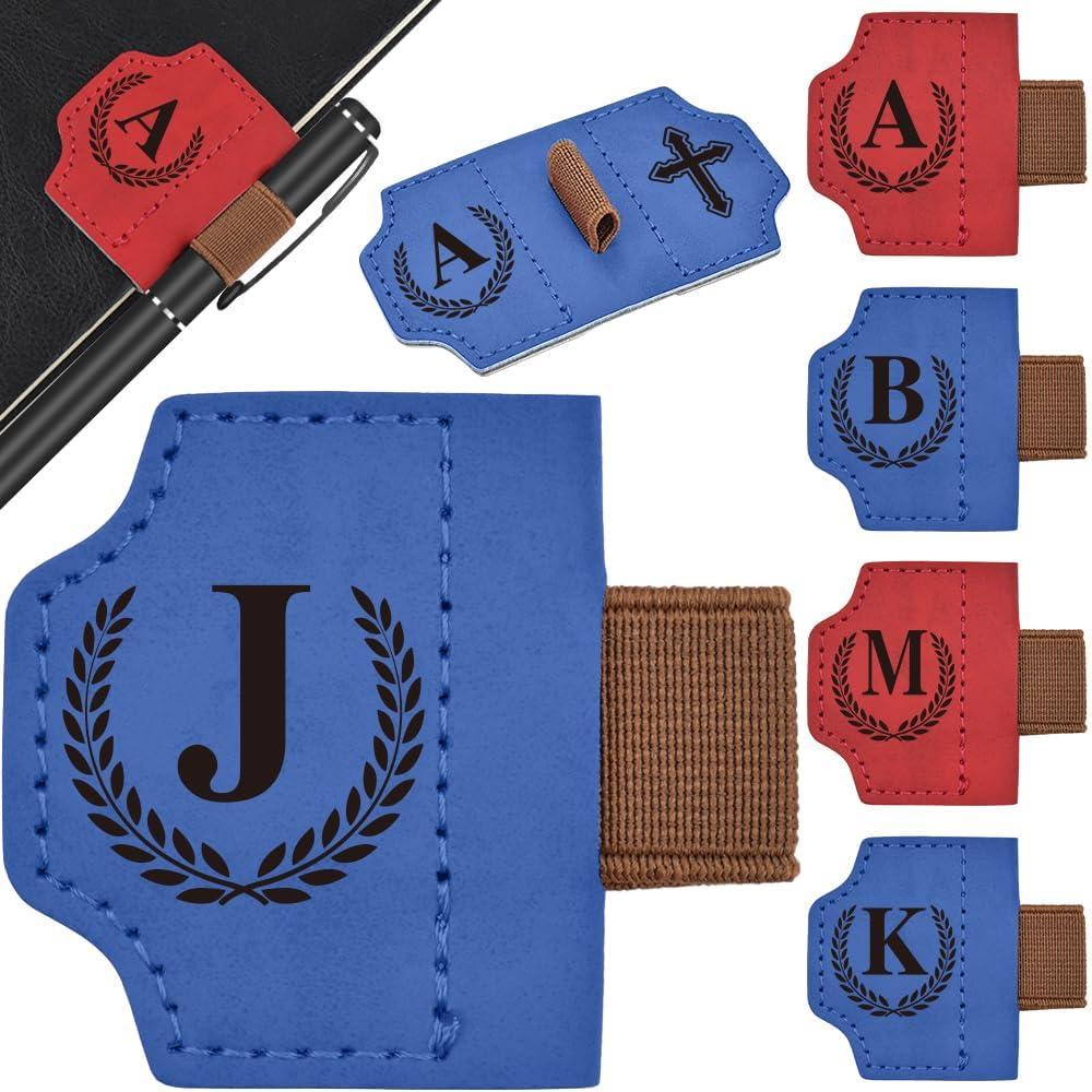2 x Bygone Mark Bookmark with Pen Holder, 26 Letters Magnetic Leather Bookmarks Personalized Book Mark for Book Lovers, Magnetic Bookmark Pen Holder with Cross for Women Men(Blue-J)