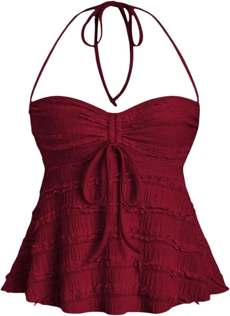 SHENHE Women's Lace Babydoll Tops Halter Neck Flowy Sleeveless Summer Cute Peplum Cami Going Out Tops (Burgundy)