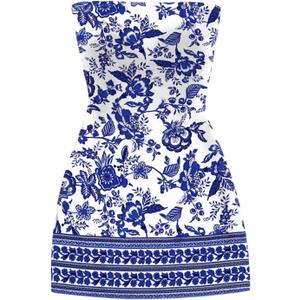 OYOANGLE Women's Strapless Bodycon Short Dress Floral Print Beach Vacation Boho Summer Dresses (Blue, S)