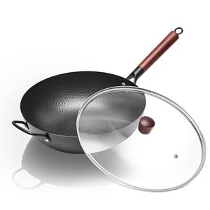 WANGYUANJI Carbon Steel Wok with Lid, 13.4" Hand Hammered Stir Fry Pan with Detachable Wooden Handle, Flat Bottom Wok Pan for Electric, Induction & Gas Stoves, No Coating (Black)