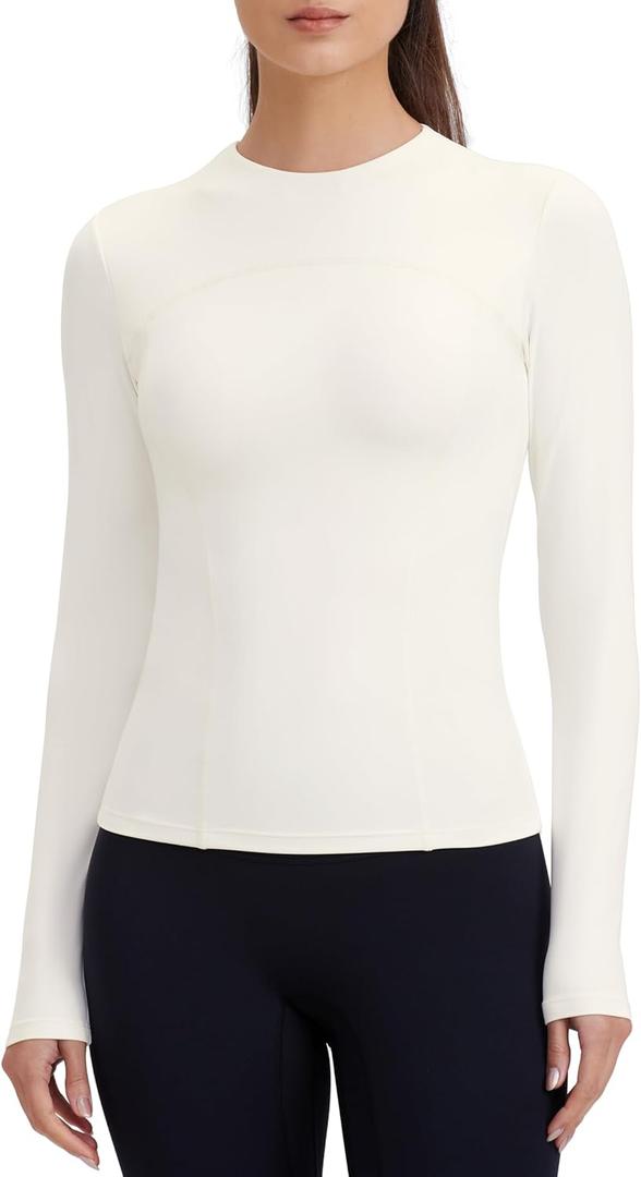 Womens Yoga Tops Long Sleeve Tight Workout Shirts Slim Fit Stretch Cream Feeling Gym Athletic Tee Crewneck (X-Large, Milk White)