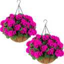 Hananona 2 Set Artificial Outdoor Geraniums Flowers with Hanging Basket, 2 Hanging Planters with 12 Pcs Red Geranium Flowers for Spring Summer Front Porch Garden Patio Home Decor (2, Rose Red)