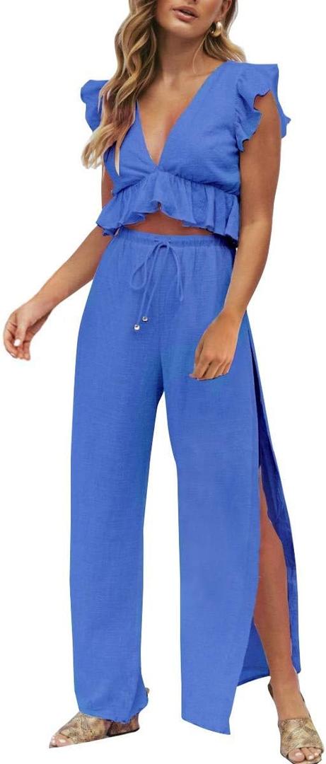 FANCYINN Womens 2 Pieces Outfits Deep V Neck Crop Top Side Slit Drawstring Wide Leg Pants Set Jumpsuits (Medium, Dark Blue)