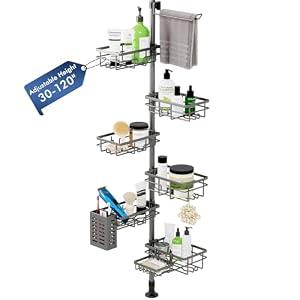 Corner Shower Caddy Tension Pole,Bathroom Shelf for Inside Shower Organizer
Adjustable 30-120’’ Storage, 6-Tier Shower Shelves, Rustproof Shower Rack with Towel Bar, Soap Dish & Toothbrush Holder