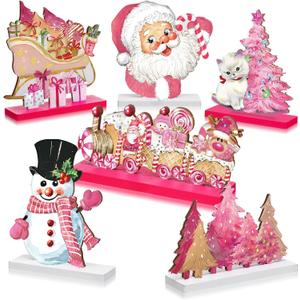 6 Pcs Christmas Table Decorations Pink Wooden Christmas Table Centerpieces Pink Xmas Decor Snowman Santa Claus Tabletop Sign Merry Xmas Ornament for Holiday Party Supplies